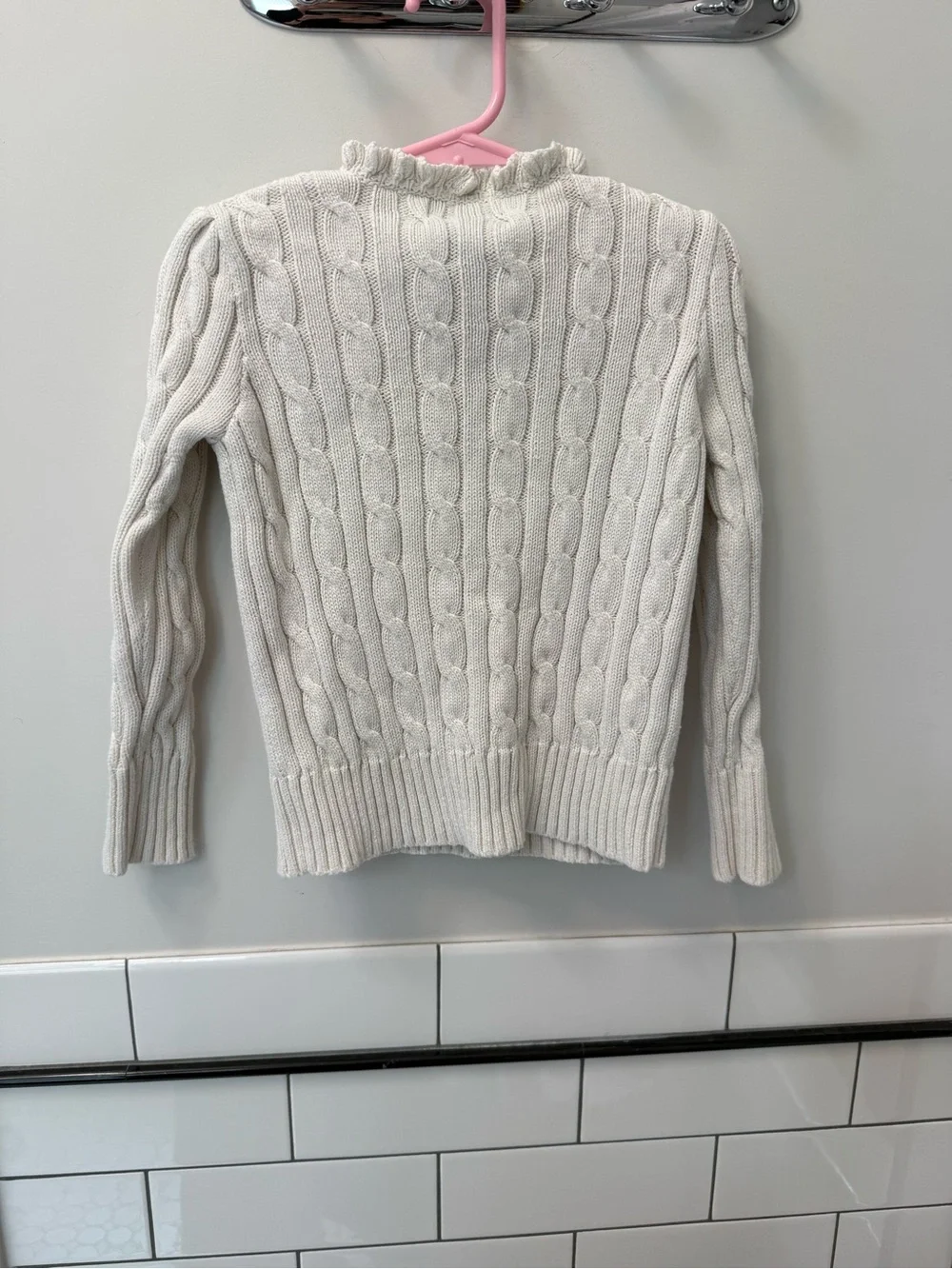 Ralph Lauren Cream Cable-Knit Ruffle V-Neck Sweater with Purple Pony